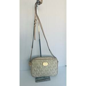 Michael Kors Jet Set MK Logo Tan and Cream Gold Half Chain‎ Crossbody Bag Purse